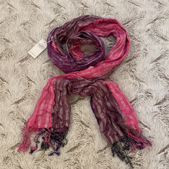 Elizabeth Gillet Pink & Purple Silver Metallic Scarf.  66” length - Picture 5 of 13